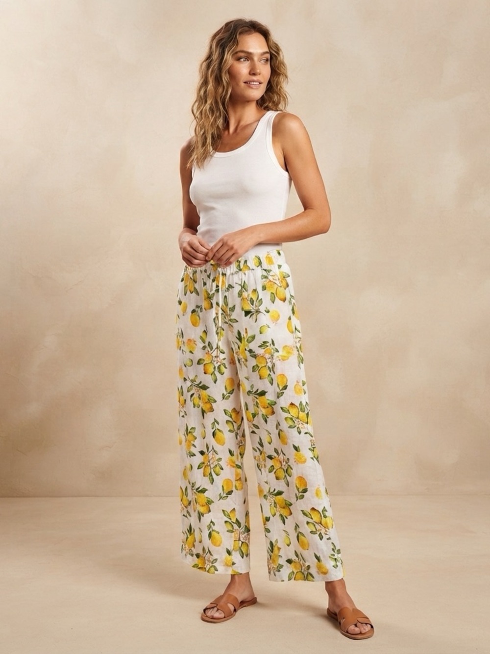 Cynthia Rowley Linen Lemon Wide Leg Pant L European Summer Coastal Granddaughter
